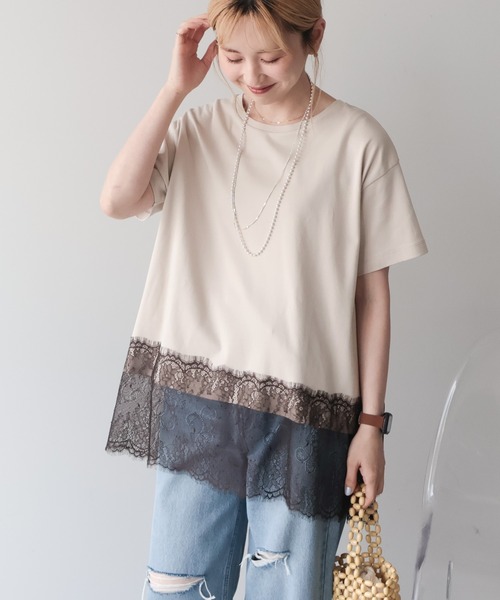 AMERICAN HOLIC(アメリカンホリック)の「【接触冷感】裾レース半袖プルオーバー(Tシャツ/カットソー・レディース・オフホワイト/グレイッシュベージュ/ブラック・M/L)」の12枚目の写真