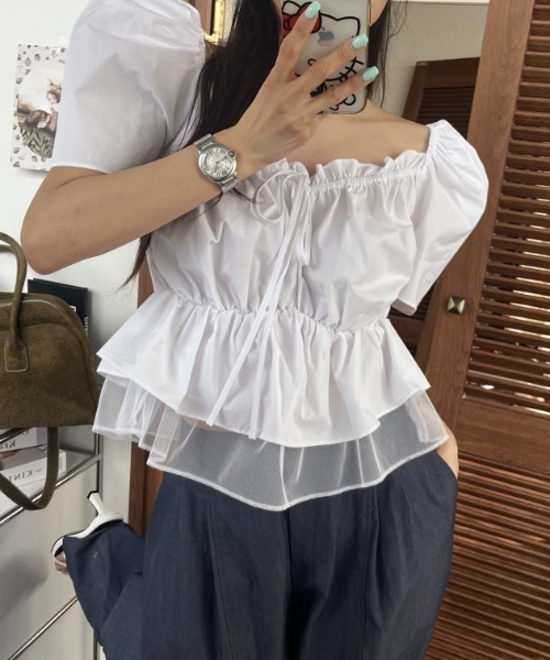 deux amour(ドゥーザムール)の「ミルフィーユシアーギャザー半袖ブラウス(シャツ/ブラウス・レディース・ホワイト・FREE)」の2枚目の写真