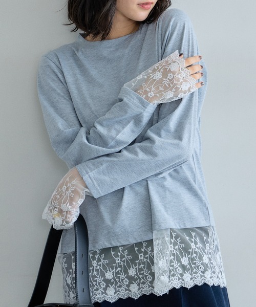 &. NOSTALGIA(アンドドットノスタルジア)の「レースレイヤードロンT(Tシャツ/カットソー・レディース・ホワイト/ピンク/グレー・M)」の2枚目の写真