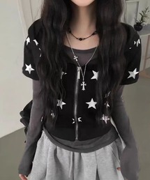 レトロ星柄ジップパーカー 夏用 低身長さん向け カジュアルカーデ万能トップス