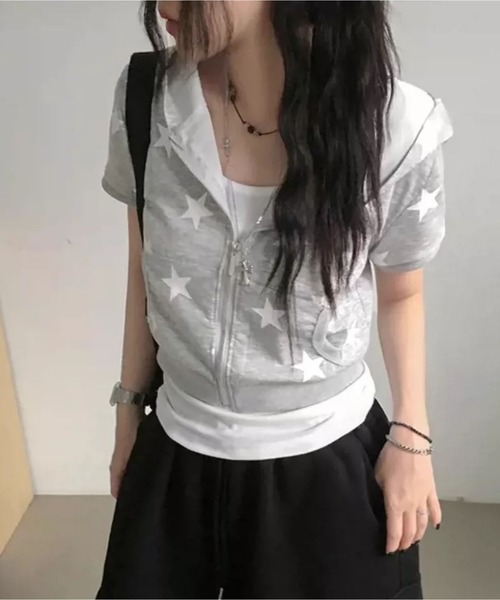 MAISON DE THERESE（メゾン ド テレーズ）の「レトロ星柄ジップパーカー 夏用 低身長さん向け カジュアルカーデ万能トップス（パーカー・レディース・Black/GRAY・M）」の5枚目の写真