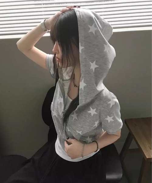 MAISON DE THERESE（メゾン ド テレーズ）の「レトロ星柄ジップパーカー 夏用 低身長さん向け カジュアルカーデ万能トップス（パーカー・レディース・Black/GRAY・M）」の9枚目の写真