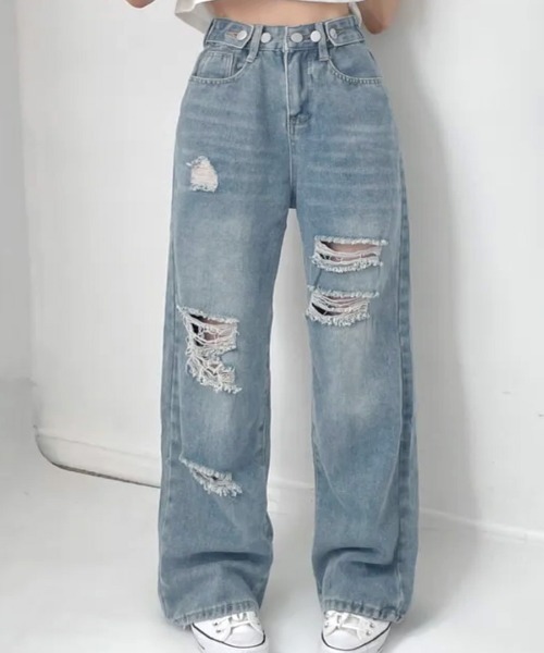 Riff(リフ)の「ウエスト調整ダメージデニム(デニムパンツ・レディース・ブルー・S/M/L)」の11枚目の写真