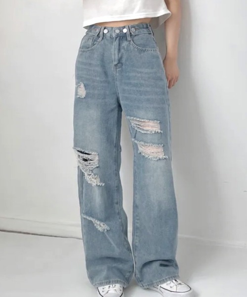 Riff(リフ)の「ウエスト調整ダメージデニム(デニムパンツ・レディース・ブルー・S/M/L)」の12枚目の写真