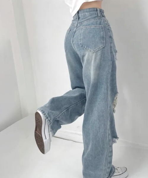 Riff(リフ)の「ウエスト調整ダメージデニム(デニムパンツ・レディース・ブルー・S/M/L)」の13枚目の写真