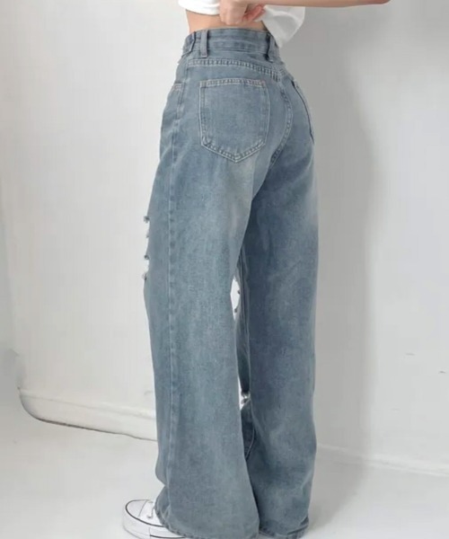 Riff(リフ)の「ウエスト調整ダメージデニム(デニムパンツ・レディース・ブルー・S/M/L)」の14枚目の写真