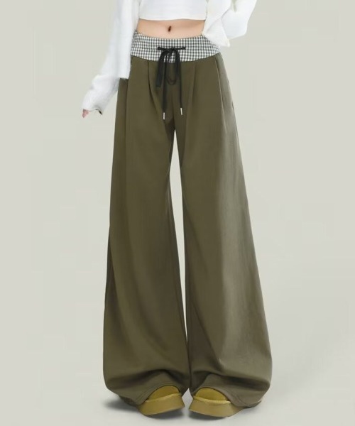 SHEPP(シープ)の「【26年秋冬新作】ギンガムチェック ウエスト切替 ドロスト スウェット タック ワイドパンツ ハイウエスト(スウェットパンツ・レディース・ブラウン/カーキ・M/L)」の12枚目の写真