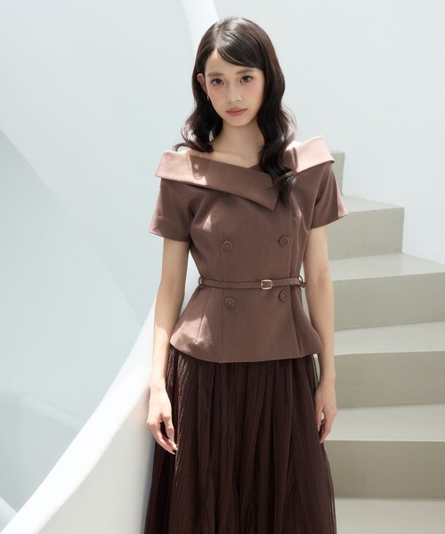 polaura(ポローラ)の「オフショルカラーダブルボタンジャケット(Tシャツ/カットソー・レディース・グレー/ホワイト/ブラック/ブラウン・FREE)」の1枚目の写真