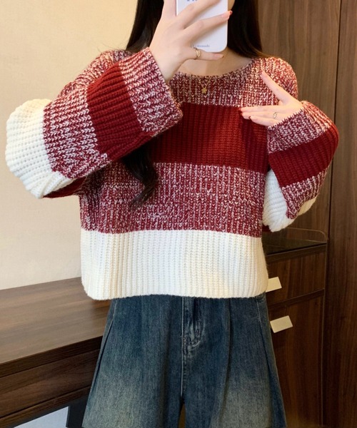 LUCPY(ラクピー)の「マルチボーダールーズニットプルオーバー(その他トップス・レディース・ブラウン/グリーン/レッド・FREE)」の3枚目の写真