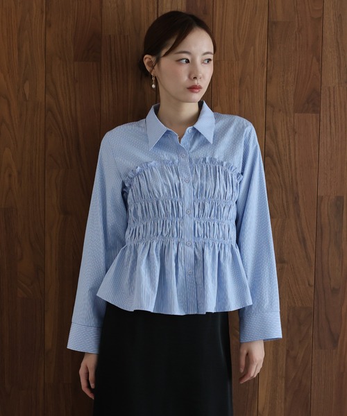 J by blue(ジェイバイブルー)の「ペプラムシャーリングシャツ(シャツ/ブラウス・レディース・ブルー系/グレー系/ホワイト・MEDIUM)」の6枚目の写真