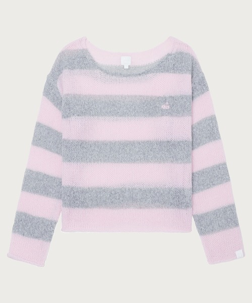 APEE BY A BATHING APE（エイピーバイアベイシングエイプ）の「STRIPE OFF SHOULDER JUMPER（ニット/セーター・レディース・ネイビー/ピンク・FREE）」の2枚目の写真