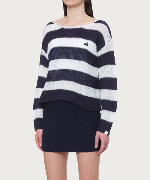 APEE BY A BATHING APE（エイピーバイアベイシングエイプ）の「STRIPE OFF SHOULDER JUMPER（ニット/セーター・レディース・ネイビー/ピンク・FREE）」の4枚目の写真