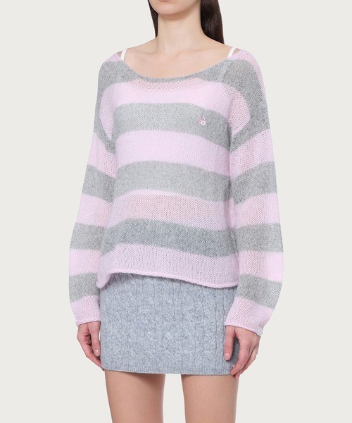 APEE BY A BATHING APE（エイピーバイアベイシングエイプ）の「STRIPE OFF SHOULDER JUMPER（ニット/セーター・レディース・ネイビー/ピンク・FREE）」の3枚目の写真