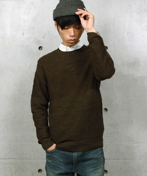 ESSENTIAL GARMENT MEN'S BIGI（エッセンシャルガーメントメンズビギ）の「【渡部篤郎さん着用 メンズクラブ12月号 掲載商品】クルーネックニット/パネルリンクス柄（ニット/セーター・メンズ・カーキ/ホワイト/ネイビー・L/S/M）」の7枚目の写真