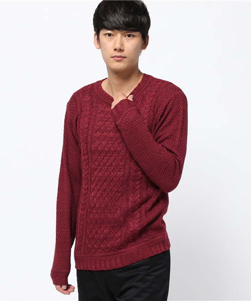 Revo.（レボ）の「Revo. ケーブル編み クルーネック ニット（ニット/セーター・メンズ・ネイビー/アイボリー/カーキ/ブラック/ワインレッド/グレー・1/2）」の16枚目の写真