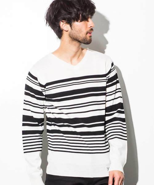 AZ by junhashimoto（エーゼイ バイ ジュンハシモト）の「AZ by junhashimoto(エーゼイ バイ ジュンハシモト)ランダムボーダーニット（ニット/セーター・メンズ・ブルー/オフホワイト/ブラック・LARGE/MEDIUM/X-LARGE/SMALL）」の2枚目の写真