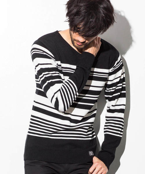 AZ by junhashimoto（エーゼイ バイ ジュンハシモト）の「AZ by junhashimoto(エーゼイ バイ ジュンハシモト)ランダムボーダーニット（ニット/セーター・メンズ・ブルー/オフホワイト/ブラック・LARGE/MEDIUM/X-LARGE/SMALL）」の3枚目の写真