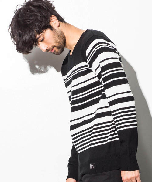 AZ by junhashimoto（エーゼイ バイ ジュンハシモト）の「AZ by junhashimoto(エーゼイ バイ ジュンハシモト)ランダムボーダーニット（ニット/セーター・メンズ・ブルー/オフホワイト/ブラック・LARGE/MEDIUM/X-LARGE/SMALL）」の4枚目の写真