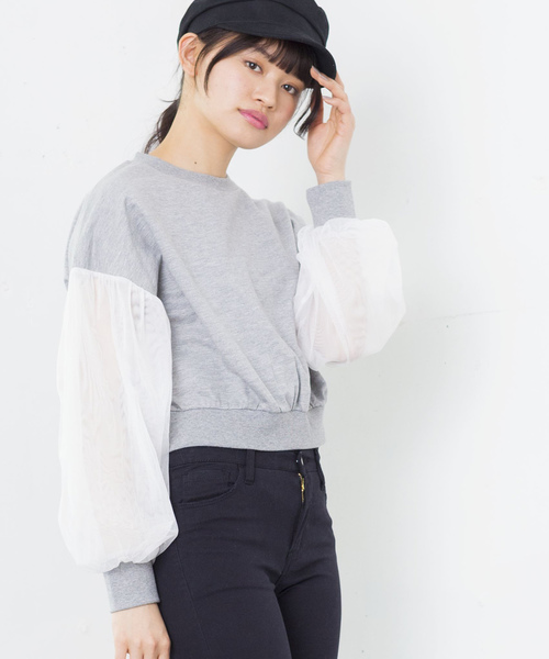 WEGO（ウィゴー）の「WEGO/チュールスリーブスウェット（スウェット・レディース・オフホワイト/ライトピンク/杢グレー/ブルー・FREE）」の2枚目の写真