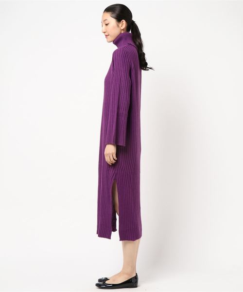 KOBE LETTUCE（コウベレタス）の「【レオパード柄ベルト付】タートルネックフレアスリーブリブニットマキシワンピース＊レディース[E1958]神戸レタス（ワンピース・レディース・チャコールグレー/ブラック/パープル/アイボリー/グレイッシュベージュ・FREE）」の12枚目の写真