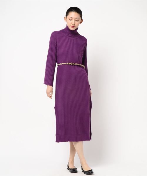 KOBE LETTUCE（コウベレタス）の「【レオパード柄ベルト付】タートルネックフレアスリーブリブニットマキシワンピース＊レディース[E1958]神戸レタス（ワンピース・レディース・チャコールグレー/ブラック/パープル/アイボリー/グレイッシュベージュ・FREE）」の9枚目の写真