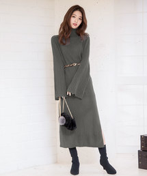 KOBE LETTUCE | 【レオパード柄ベルト付】タートルネックフレアスリーブリブニットマキシワンピース＊レディース[E1958]神戸レタス(ワンピース)