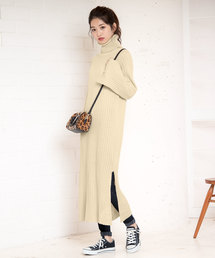 KOBE LETTUCE | 【レオパード柄ベルト付】タートルネックフレアスリーブリブニットマキシワンピース＊レディース[E1958]神戸レタス(ワンピース)