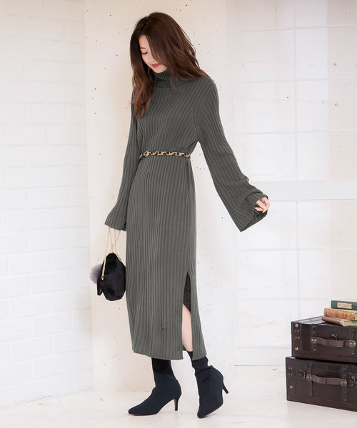 KOBE LETTUCE（コウベレタス）の「【レオパード柄ベルト付】タートルネックフレアスリーブリブニットマキシワンピース＊レディース[E1958]神戸レタス（ワンピース・レディース・チャコールグレー/ブラック/パープル/アイボリー/グレイッシュベージュ・FREE）」の13枚目の写真