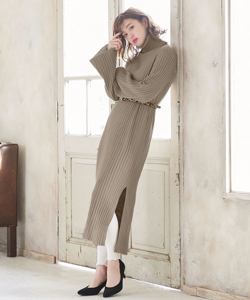 KOBE LETTUCE（コウベレタス）の「【レオパード柄ベルト付】タートルネックフレアスリーブリブニットマキシワンピース＊レディース[E1958]神戸レタス（ワンピース・レディース・チャコールグレー/ブラック/パープル/アイボリー/グレイッシュベージュ・FREE）」の15枚目の写真