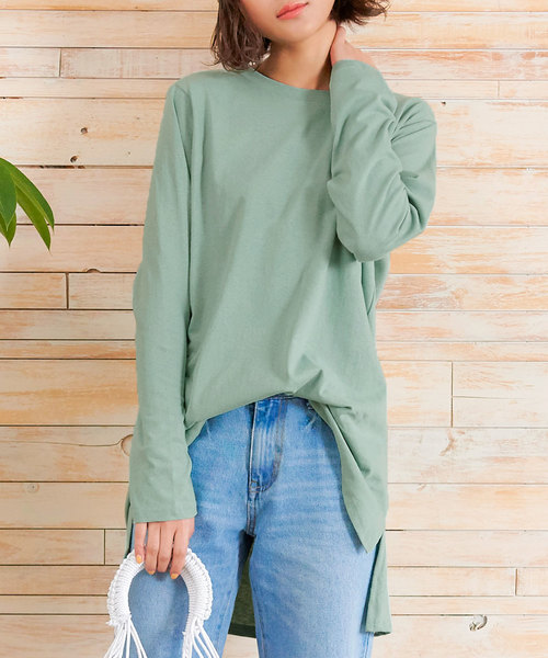 KOBE LETTUCE（コウベレタス）の「ビッグシルエットシンプル無地サイドスリットロンTチュニック（Tシャツ/カットソー・レディース・ブラック/オフホワイト/ミント/ラベンダー・FREE）」の3枚目の写真