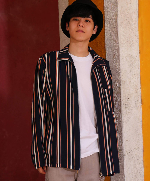 revertical（リバーティカル）の「ストライプ柄 ジップアップ ブルゾン 長袖ワークジャケット（ブルゾン・メンズ・ホワイト/ブラック/ネイビー・M/L）」の11枚目の写真