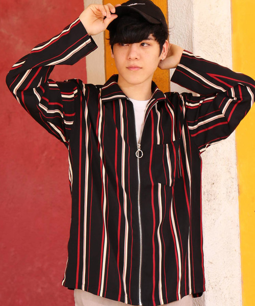 セール】ストライプ柄 ジップアップ ブルゾン 長袖ワークジャケット