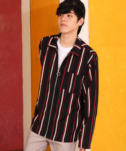 セール】ストライプ柄 ジップアップ ブルゾン 長袖ワークジャケット