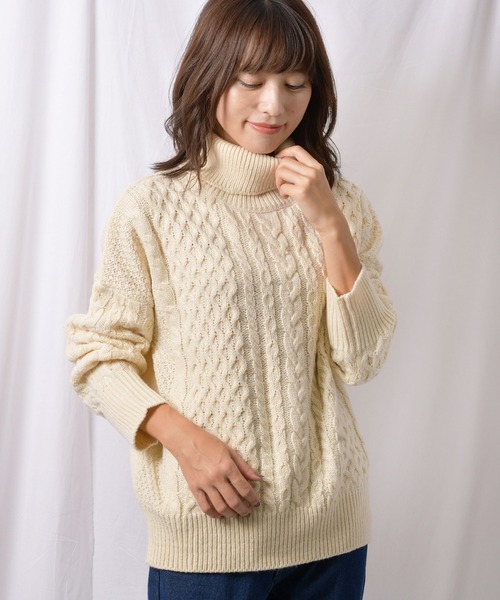 Ambre Neige（アンブルネージュ）の「ケーブルタートルニット【WEB/EC限定商品】（ニット/セーター・レディース・ブラック/オフホワイト・FREE）」の12枚目の写真