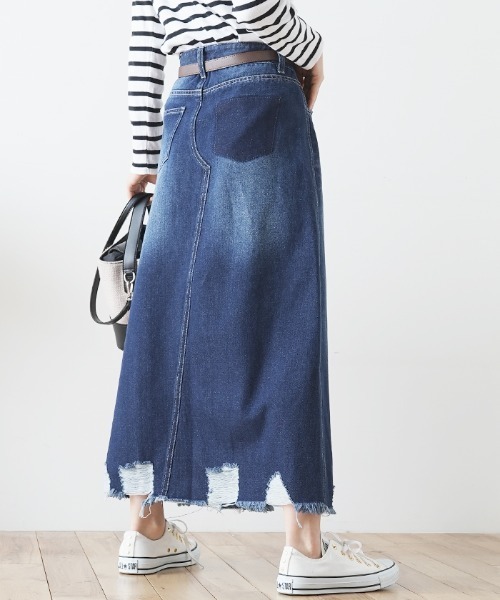 Futier land（フューティアランド）の「裾ダメージロングデニムスカート（デニムスカート・レディース・ブルー/インディゴブルー・SMALL/MEDIUM/LARGE/X-LARGE）」の2枚目の写真