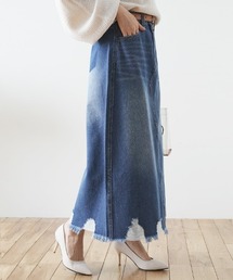 裾ダメージロングデニムスカート