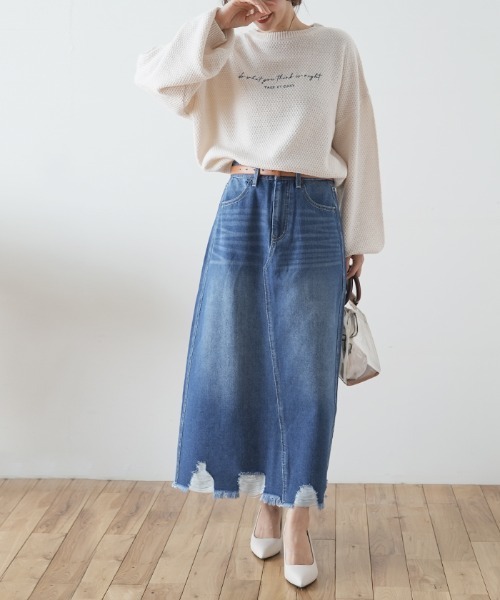 Futier land（フューティアランド）の「裾ダメージロングデニムスカート（デニムスカート・レディース・ブルー/インディゴブルー・SMALL/MEDIUM/LARGE/X-LARGE）」の3枚目の写真