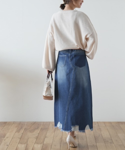 Futier land（フューティアランド）の「裾ダメージロングデニムスカート（デニムスカート・レディース・ブルー/インディゴブルー・SMALL/MEDIUM/LARGE/X-LARGE）」の4枚目の写真