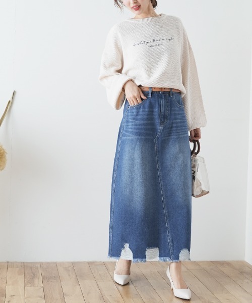 Futier land（フューティアランド）の「裾ダメージロングデニムスカート（デニムスカート・レディース・ブルー/インディゴブルー・SMALL/MEDIUM/LARGE/X-LARGE）」の6枚目の写真