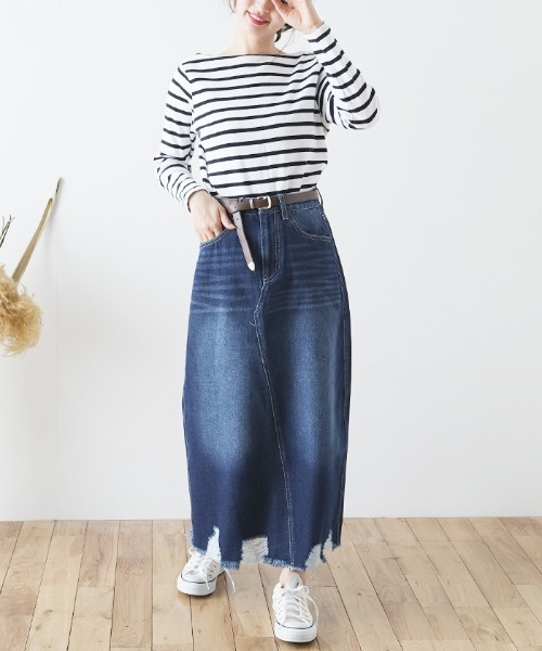 Futier land（フューティアランド）の「裾ダメージロングデニムスカート（デニムスカート・レディース・ブルー/インディゴブルー・SMALL/MEDIUM/LARGE/X-LARGE）」の8枚目の写真