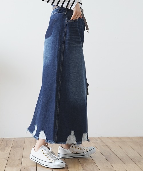 Futier land（フューティアランド）の「裾ダメージロングデニムスカート（デニムスカート・レディース・ブルー/インディゴブルー・SMALL/MEDIUM/LARGE/X-LARGE）」の10枚目の写真