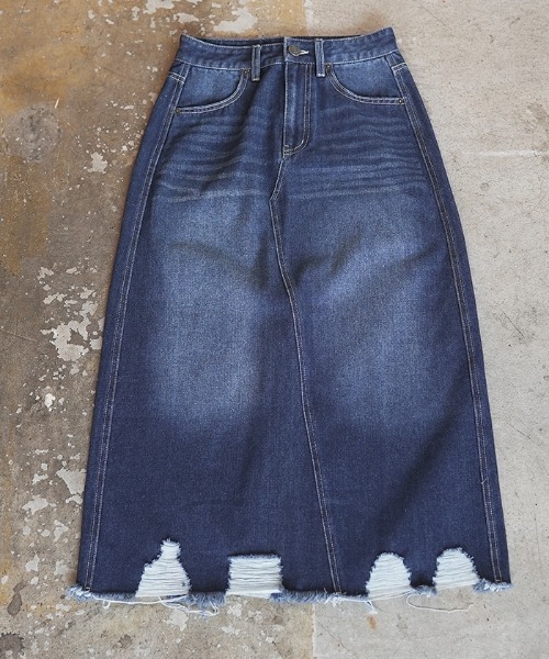 Futier land（フューティアランド）の「裾ダメージロングデニムスカート（デニムスカート・レディース・ブルー/インディゴブルー・SMALL/MEDIUM/LARGE/X-LARGE）」の12枚目の写真