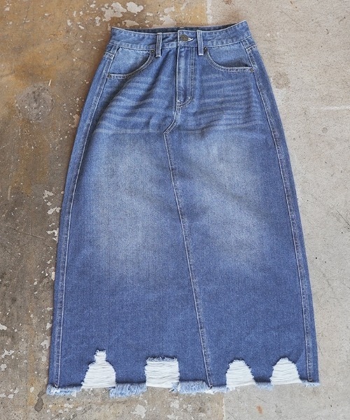 Futier land（フューティアランド）の「裾ダメージロングデニムスカート（デニムスカート・レディース・ブルー/インディゴブルー・SMALL/MEDIUM/LARGE/X-LARGE）」の13枚目の写真