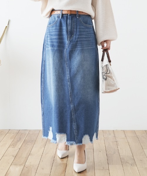 Futier land（フューティアランド）の「裾ダメージロングデニムスカート（デニムスカート・レディース・ブルー/インディゴブルー・SMALL/MEDIUM/LARGE/X-LARGE）」の19枚目の写真
