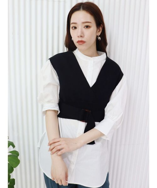 MURUA(ムルーア)の「ニットベストコンビハーフシャツ(シャツ/ブラウス・レディース・ブラック/ライトグリーン/ライトブルー/ベージュ・FREE)」の2枚目の写真