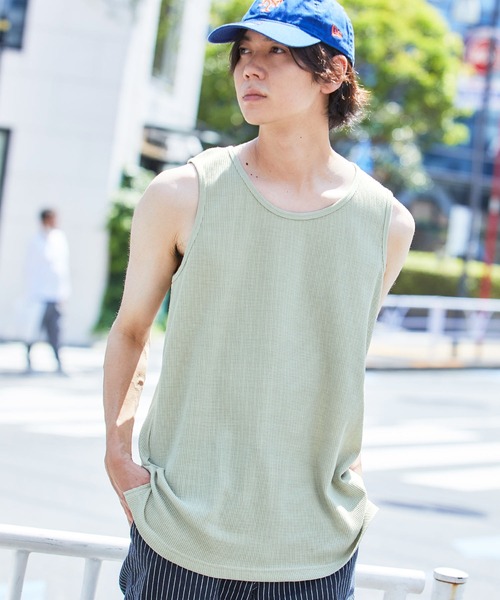 MONO-MART（モノマート）の「ワッフルレイヤードオーバーロングタンクトップ（タンクトップ・メンズ・ブラック/ベージュ/ネイビー/カーキ/アイボリー/ヘザーグレー/グリーン系その他/ブルー系その他/パープル系その他/チャコール・S/M/L）」の8枚目の写真