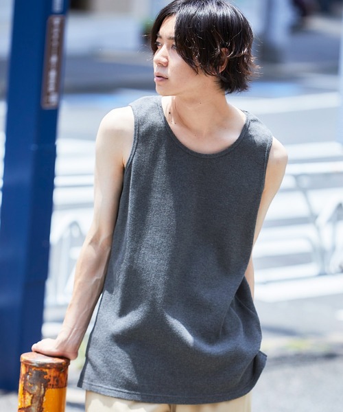 MONO-MART（モノマート）の「ワッフルレイヤードオーバーロングタンクトップ（タンクトップ・メンズ・ブラック/ベージュ/ネイビー/カーキ/アイボリー/ヘザーグレー/グリーン系その他/ブルー系その他/パープル系その他/チャコール・S/M/L）」の5枚目の写真