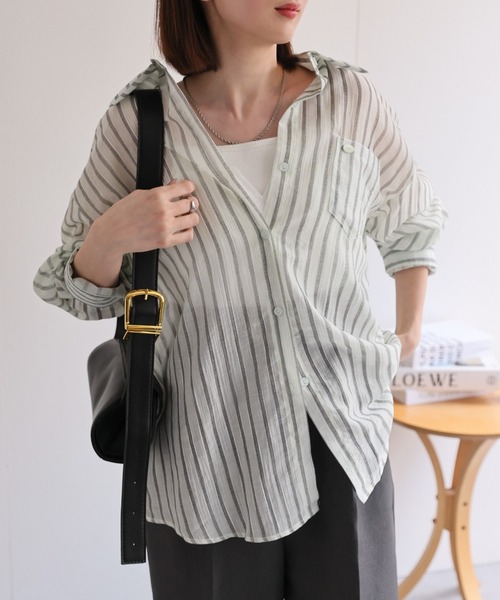 sakishimatokyo(サキシマトーキョー)の「シアーストライプシャツ(シャツ/ブラウス・レディース・ブラック/グリーン/オフホワイト/グリーン系その他/ブルー/ピンク・FREE)」の1枚目の写真