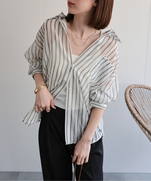 sakishimatokyo(サキシマトーキョー)の「シアーストライプシャツ(シャツ/ブラウス・レディース・ブラック/グリーン/オフホワイト/グリーン系その他/ブルー/ピンク・FREE)」の2枚目の写真