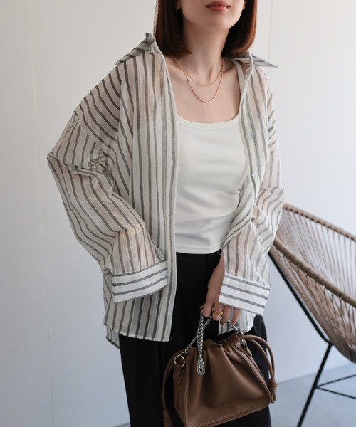 sakishimatokyo(サキシマトーキョー)の「シアーストライプシャツ(シャツ/ブラウス・レディース・ブラック/グリーン/オフホワイト/グリーン系その他/ブルー/ピンク・FREE)」の10枚目の写真